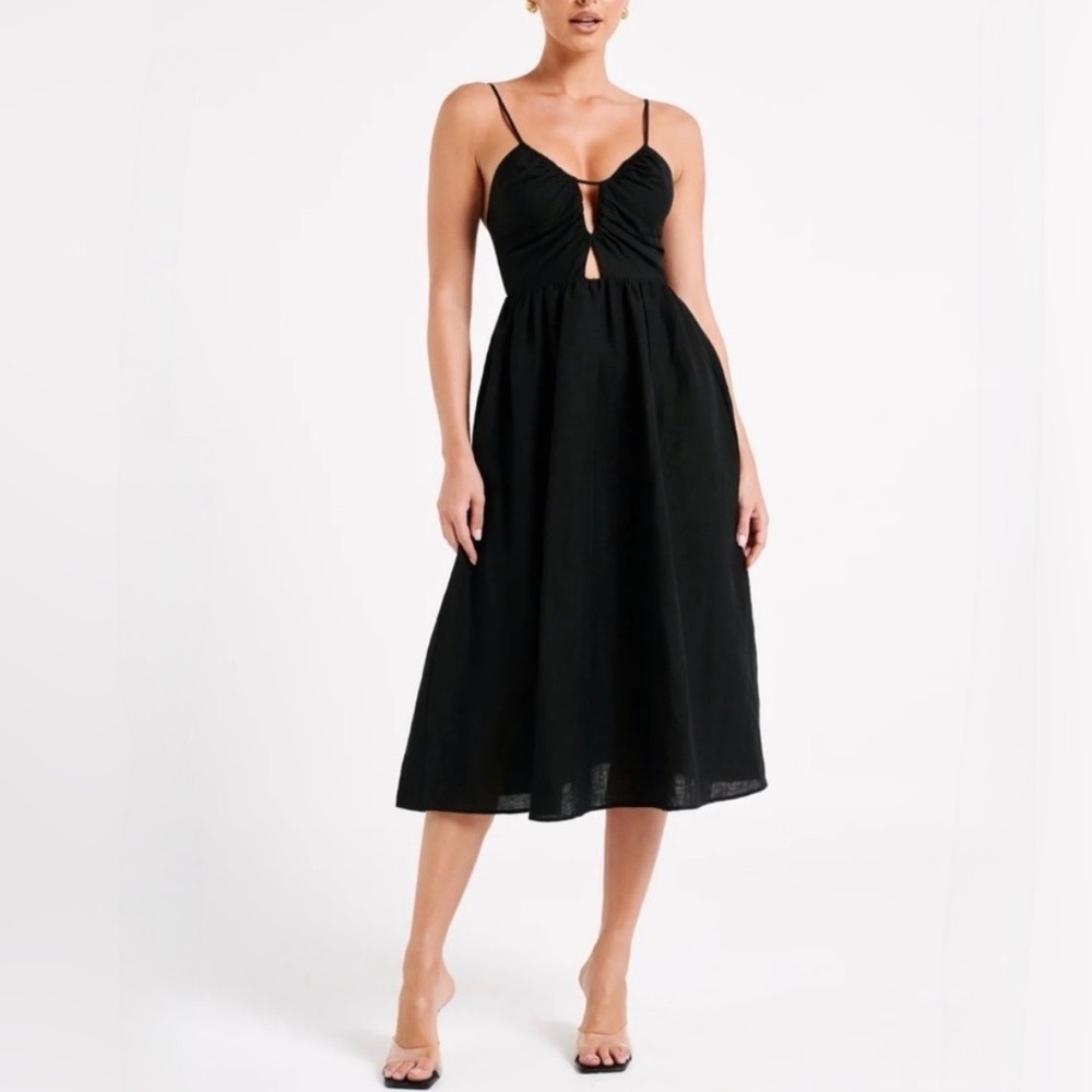 MESHKI‎ Magdalena Black Linen Blend Ruched Keyhole Midi Dress Minimalist Large